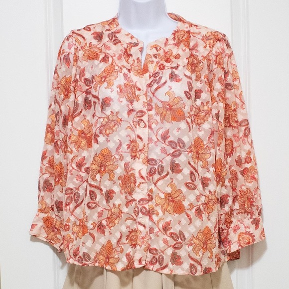 (W Medium) Ophelia Roe Paisley Button Pattern Blouse Orange Red Vintage Look - Picture 2 of 8